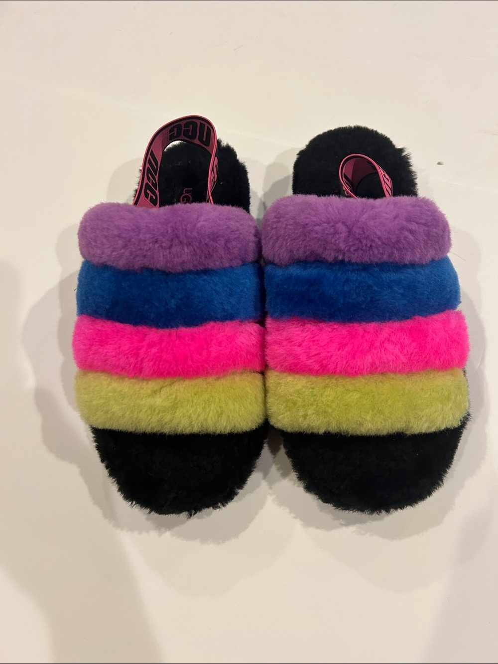 UGG Multicolor Fuzzy Slide Slippers - Rainbow Stripes an Back Strap